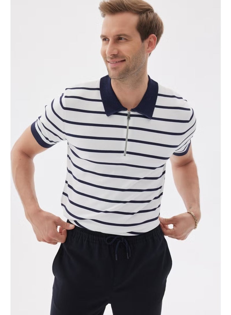 Odelon Limited Men's Striped Polo Collar Rayon Knitwear T-Shirt Navy Blue - Image 2